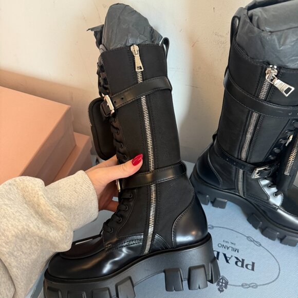NWT Prada Monolith Combat Tall Boots Black Leather & Nylon Lace Up - Picture 6 of 10